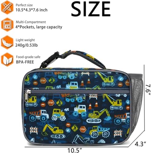 GYEUKHAM Insulated Lunch Box for School, Thermal Reusable Durable Freezable Lunch Bags for Kids Boys Girls Men Women - Small Soft Cooler Portable Lunch Tote Kit for Work Picnic Travel,Excavator