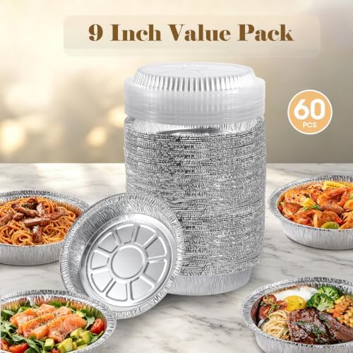 60 Pack 9” Round Aluminum Pans with Clear Lids, Disposable Foil Pie Pans with Lids, Pie Tins Disposable, Freezer & Oven Safe for Storing, Baking, Meal Prep & Reheating