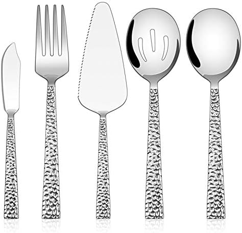 E-far Hammered Serving Utensils, 5-Piece Stainless Steel Square Hostess Serving Set for Buffet Party Kitchen Restaurant, Mirror Finished & Dishwasher Safe