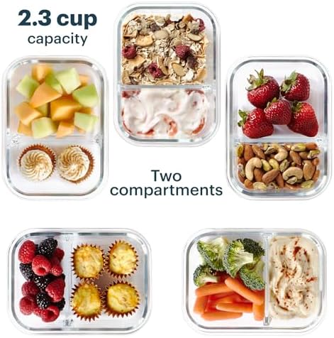 Pyrex Glass Meal Box (5-Pack, 2.3 Cup) Divided Compartments, Locking Lids