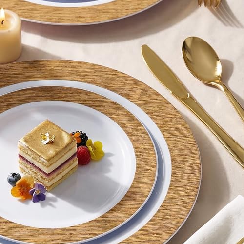 I00000 102 Pcs Wood Grain Brown Plastic Plates, Premium Disposable Plates