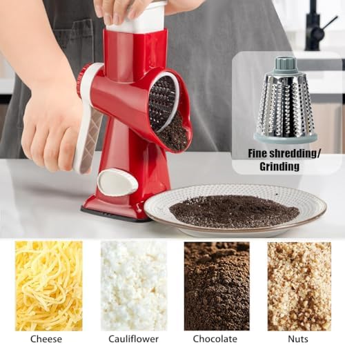 Rotary Cheese Grater Shredder with Handle Handheld Round Mandoline Vegetable Slicer Carrot Shredder Nut Grinder with 3 Replaceable Stainless Steel Drum Blades and Upgrade Strong Suction, Red/White