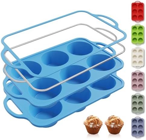 Socisen 2 Packs 6 Cups Silicone Muffin Pan with Metal Reinforced Frame Jumbo Size Cupcake Pan Tray Egg Bites Silicone Molds Muffin Tin Tart Pans Bundt Pan Reposteria Accesorios Moldes Para Pasteles