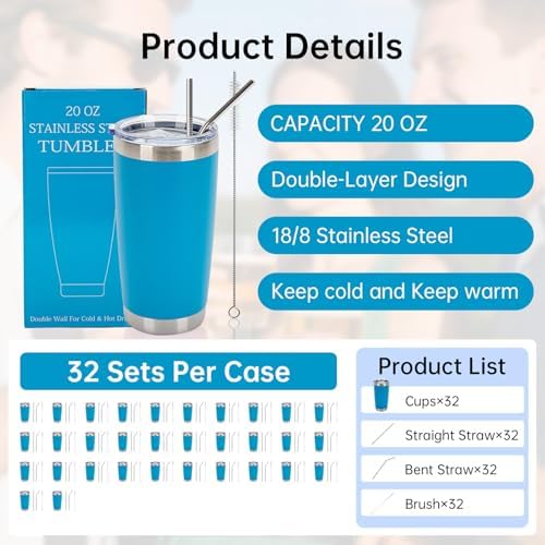 IEOVIEE 32 Pack 20oz Stainless Steel Insulated Bulk Tumblers with Lid&Straw