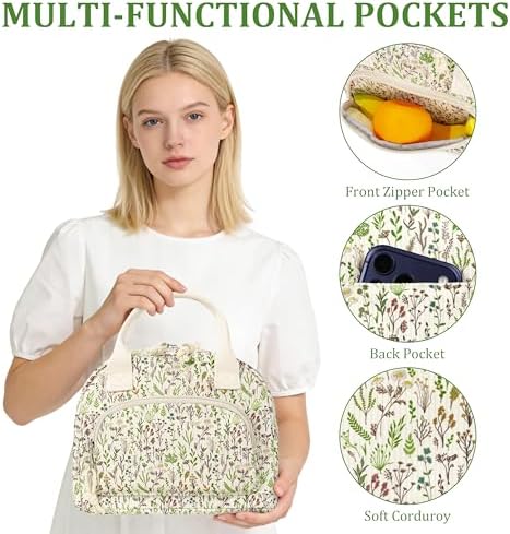 TESAFNG Lunch Bag - Insulated Lunch Box for Women, Reusable Large Capacity Cooler Bag for Adult, Small Leakproof Cute Corduroy Lunch Tote for Work Office Travel Picnic (Floral)