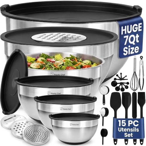 Priority Chef 6Pc Stainless Steel Mixing Bowls with Lids Set, Huge 7 Qrt Size Metal Bowl Set for Kitchen, 3 Graters, Non-Slip Bases & Silicone Utensils Set, Black