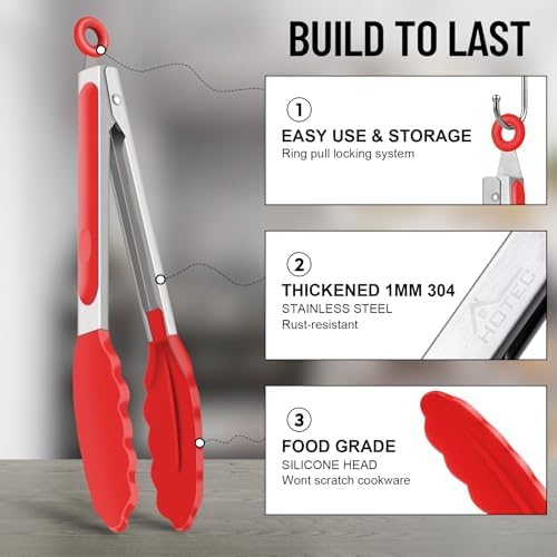 HOTEC Silicone Kitchen Tongs for Cooking, 9-Inch Serving Tongs, Set of 3