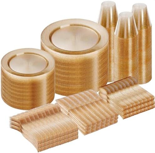 Goodluck 600 Piece Gold Glitter Disposable Plates for 100 Guests