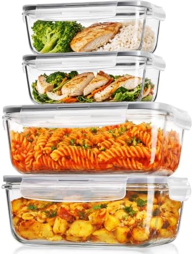 Large Glass Food Storage Containers with Lids, 4 Pack, 63oz & 22oz