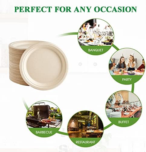 Vplus 150 Pack Compostable Bagasse Paper Plates 9 inch, Nature