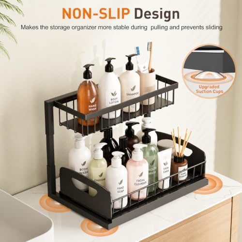 Under Kitchen Sink Organizer, Metal Pull Out Bathroom Organizers and Storage, 2-Tier Cabinet Organizer Shelf with Sliding Drawer, Home Organization for Kitchen, Laundry, Pantry, Black, 2 pack