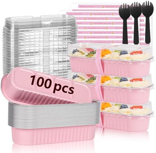 YQER 100 Pack Mini Loaf Pans with Lids and Spoons, 6.8oz Disposable Aluminum Foil Mini Cake Pans and Baking Tins with Sealing Stickers, Individual Pink Dessert Containers for Parties and Gifts