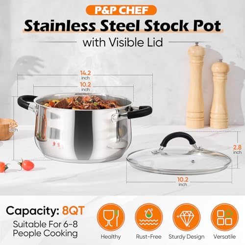 P&P CHEF 8 Quart Stainless Steel Stock Pot, Cooking Pot with Visible Lid