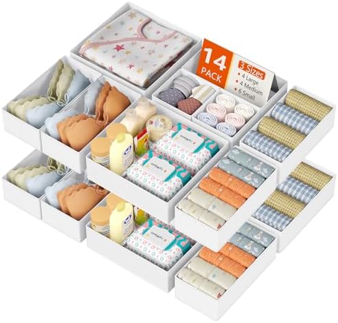 DIMJ Drawer Organizer Clothes, 14 Pack Dresser Organizer, Foldable Closet Organizers and Storage, Fabric Dresser Bins, Drawer Dividers for Nursery, Baby Clothes, Underwears, Sock (White)
