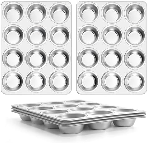 E-far Stainless Steel Muffin Pan Set of 5, 12 Cups Cupcake Pans Tins for Baking, Non-Toxic Metal Muffin Tray Molds for Small Mini Cupcake, Heavy Duty & Regular Size, Rust Free & Dishwasher Safe