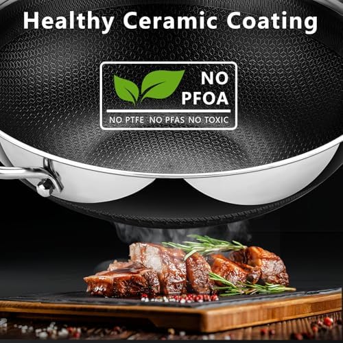 SAKAMOSH Hybrid 12inch Wok with Lid, Stainless Steel Woks & Stir-Fry Pans Nonstick, Non Toxic, PFAS PFOA PTFE Free, Dishwasher and Oven Safe, Works on Induction