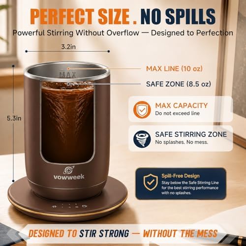 Self Stirring Coffee Mug, 10 oz Heated Mug with Magnetic Stirring，Brown