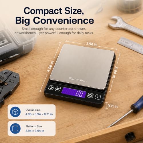 KitchenTour Digital Kitchen Gram Scale - 3000g/0.1g - High Accuracy Precision Food Scale with 9 Units(g/oz/ml/lb/lb:oz/gn/ozt/DWT/ct) - Meat Scale with Back-Lit LCD Display(Batteries Included)