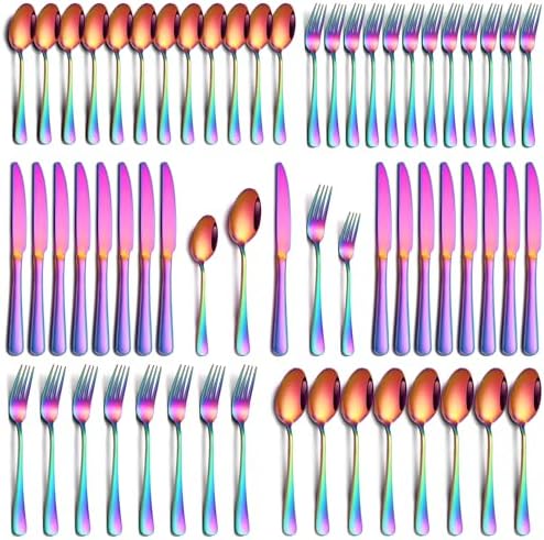 PHILIPALA 60 Piece Rainbow Silverware Set, Stainless Steel Flatware Set for 12 Colorful Novelty Flatware Cutlery Utensil Set Include Knife Fork Spoon Food Grade Mirror Polished Dishwasher Safe