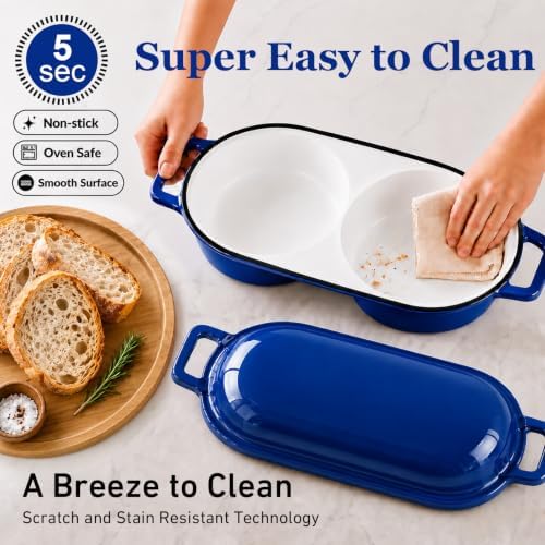 Double Dutch Oven for Sourdough Bread Baking,2.2QT Enameled Cast Iron Dutch Oven Pot with Lid,500°F Oven Safe Non Stick Bread Loaf Pan,Sourdough Baking Pan for Homemade Baking（blue）