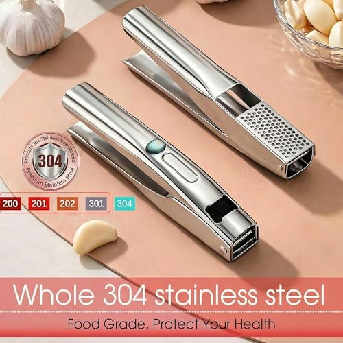 Garlic Press Heavy Duty Mincer and Peeler Set, Rust Proof 304 Stainless Steel Garlic Crusher, Easy-Squeeze Nut Ginger Chopper, Dishwasher Safe Kitchen Gadget