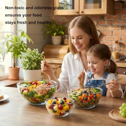 Borosilicate Glass Mixing Bowls Set of 3 (2.8, 2.2, 1.1QT) - Heavy Duty, Scratch Resistant, Non-Toxic & Lead-Free – Oven/Microwave/Dishwasher/Freezer Safe – Ideal for Meal Prep, Baking & Serving