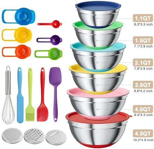 ENVTEK Stainless Steel Mixing Bowls Set with Lids,Silicone Bottoms,Colorful