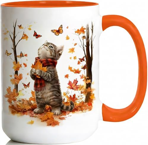 Cat Mug for Cat Lovers, Cute Kitten Fall Coffee Mugs, White, 15oz