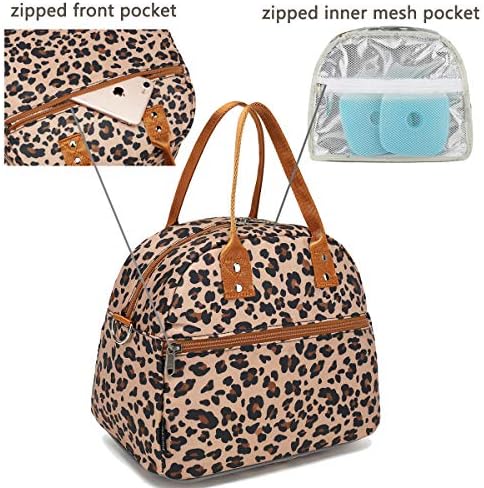 FlowFly Insulated Lunch Bag With Shoulder Strap for Women, Men, and Kids, Large and Reusable, Handle, Freezable Work and School Travel Tote and Meal Prep Organizer,Leapard