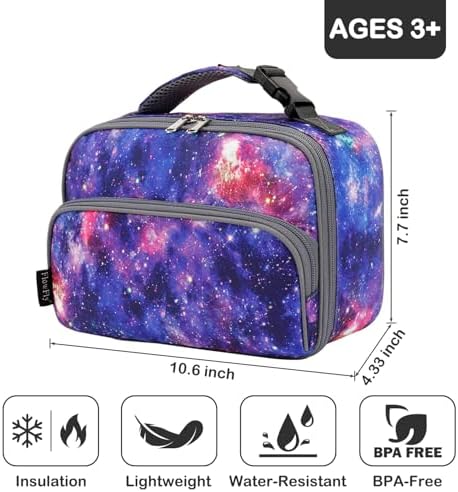 FlowFly Kids Lunch box Insulated Soft Bag Mini Cooler Back to School Thermal Meal Tote Kit for Girls, Boys, Galaxy