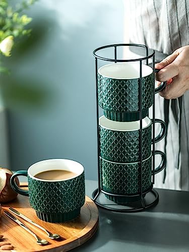 LYEOBOH Coffee Mug Set Porcelain Stackable Coffee Mugs with Stand and Spoons, 13 OZ. Cappuccino Cup Demitasse Cups for Drinks, Espresso, Latte,Set of 4, Dark Green