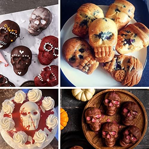 Sakolla Large Skull Cake Pan Silicone Mold, 2 Pack 6 Cavity Halloween Skull Cakelet Chocolate Molds Candy Pizza Baking Molds Handmade Soap Tray