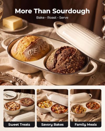 Sourdough Bread Baking Kit with Double Loaf Cast Iron Bread Pan, White
