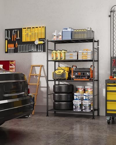 Sakugi 4-Tier Storage Shelves with 6 Hooks, 33.2" x 12.7" x 57.3", Black