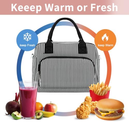 GASSDA Lunch Box for Women Insulated Lunch Bag Women Adult Cute Lunch Bags Reusable Lunchbox Cooler Tote Bag for Work Picnic (Black and white stripes)