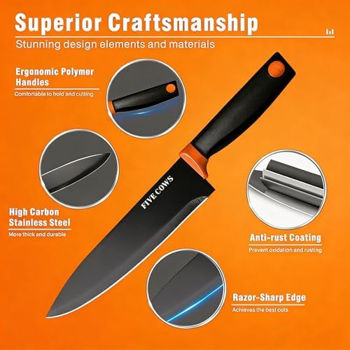 14 Pcs Kitchen Knife Block Set with Sharpener German High Carbon Stainless Steel Chef Knives, Razor-Sharp & Durable, Lightweight Anti-Slip Handle, Professional Set for Home & Kitchen (Orange)