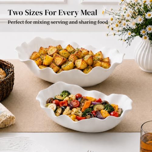 DOWAN Ceramic Serving Bowls Set of 2, Large Serving Dishes for Party Entertaining, 12" & 16" Oval Decorative Bowls for Salad Fruit Pasta - White