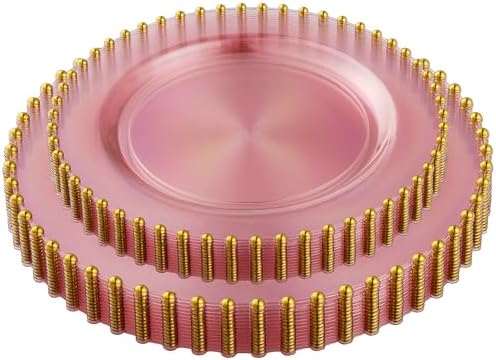 PLASTICPRO 128 Piece Combo Plastic Dinner Plates Disposable Plastic Fancy Heavy Duty Party Dishes 7 inch and 10 inch, Translucent Pink and Gold Beaded