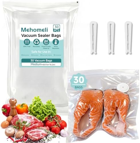 Mehomeli Reusable Vacuum Sealer Bags, 30 Medium Bags, 11in × 10.2in