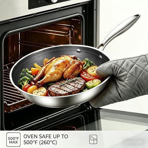 Inqibee 10.5 Inch Hybrid Stainless Steel Wok Pan with Lid, Ceramic Coating