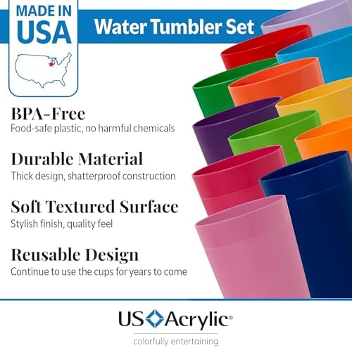 US Acrylic Newport 24-Pack Unbreakable Plastic Cups (20 ounces) 12 Assorted Bright Colors, BPA Free drinking glasses, Dishwasher Safe tumblers for Parties, Camping, & Everyday Use