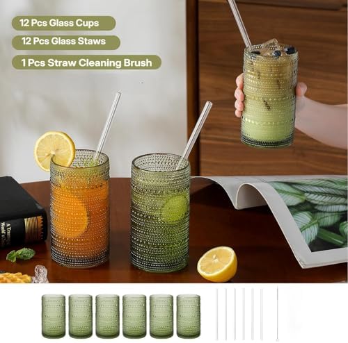 16oz Green Hobnail Drinking Glasses with Straws Set of 12, Highball Glasses Cups, Kitchen Water Glasses Cup, for Cocktail, Juice, Whiskey, Milk and Various Mixed Drinks
