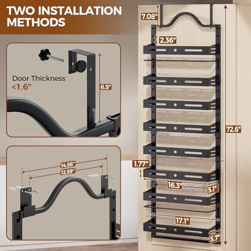 8-Tier Pantry Door Organizer, Large 2 IN 1 Wall Mount or Over The Door Pantry Organizer, Pantry Door Spice Rack with Adjustable Baskets, Over Door Organizer for Kitchen,（72.6×17.1×5.1in,Black)