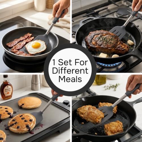 Silicone Spatula Set (2-Pc) - 600°F Heat Resistant, BPA Free, Non-Scratch, Dishwasher Safe I Slotted & Solid Kitchen Spatula Turners I Ideal for Eggs, Pancakes, Fish I Stainless Steel I Gray