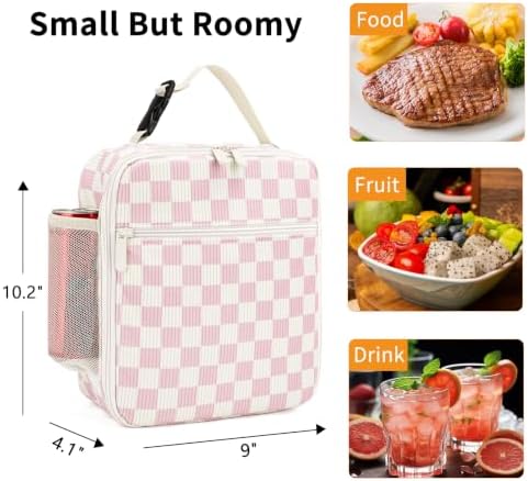 Lunch Box for Women Men Adult Insulated Lunch Bag Women Men Small Reusable Lunchbox for Work Picnic Travel (Beige-Pink Plaid)
