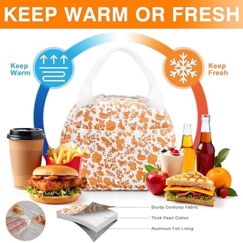 TESAFNG Lunch Bag - Insulated Lunch Box for Women, Reusable Large Capacity Cooler Bag for Adult, Small Leakproof Cute Corduroy Lunch Tote for Work Office Travel Picnic (Corduroy Orange-Flower)