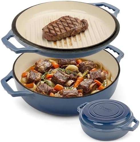 2-in-1 Enameled Cast Iron Braiser Pan with Grill Lid - 3.3-Quart Small Dutch Oven, Serves as Both Casserole & Stovetop Grill Pan, Cast Iron Cookware