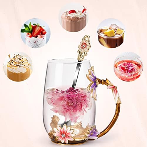 OEAGO Purple Gifts for Women Mom Mothers Day Glass Coffee Enamels Mug Best Birthday Flower Gifts for Her from Daughter Son Lead-Free Christmas Tea Cup with Spoon Set