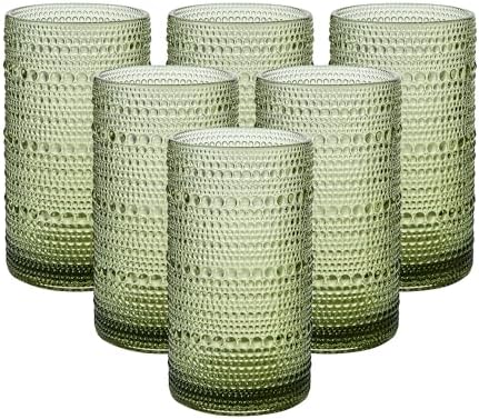 Vintage Glassware Drinking Glasses Set of 6,16oz Hobnail Glass Cups,Embossed Green Water Tumbler,for Cocktail, Juice, Whiskey, Milk and Various Mixed Drinks
