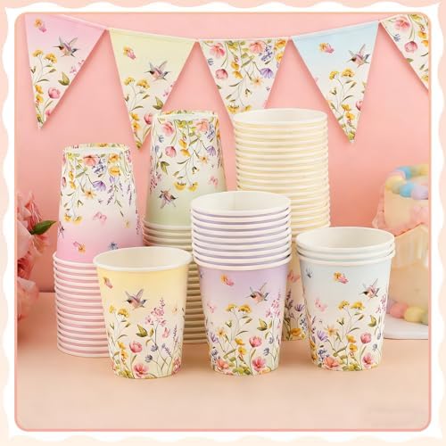 NatNarr 100 Pack Floral Paper Cup, 9oz Disposable Wildflower Paper Cups